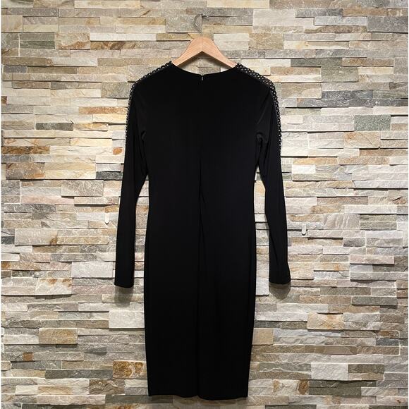 Joseph Ribkoff Black Dress LBD | Silver Beaded Mesh Sleeves, Y2K Glam, NWOT $390 - Picture 6 of 8